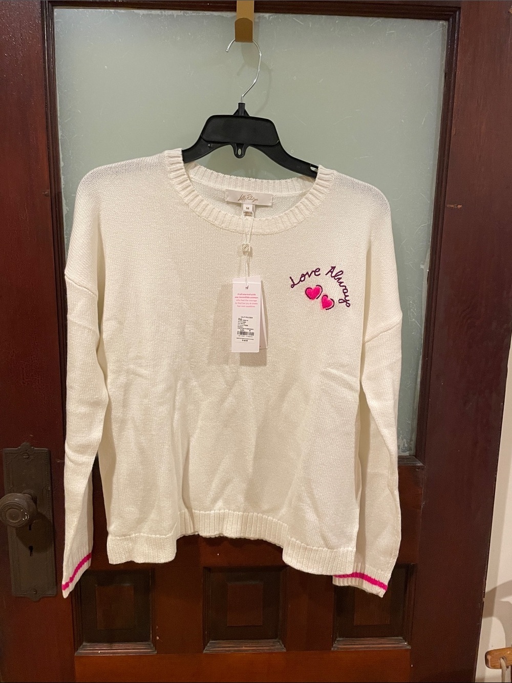 Lilly Pulitzer Cream Crewneck Sweater with Pink Heart Embroidery
